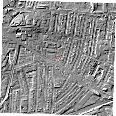 Shaded relief map of the ground around E153ER, computed from Environment Agency LiDAR. The ground here sits at about 3 m above sea level and falls 10 m across the surrounding 800 m. Surface water reaching this point runs off ground lying to the north-east, 6.7 m higher.