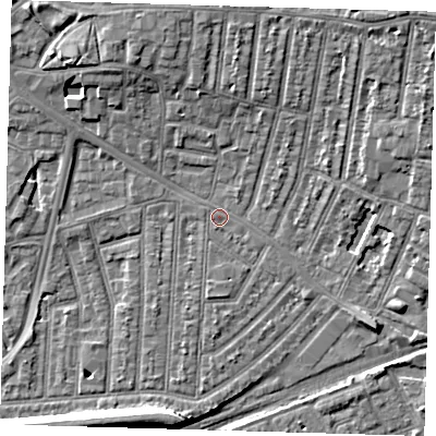 Shaded relief map of the ground around E153ET, computed from Environment Agency LiDAR. The ground here sits at about 3 m above sea level and falls 9 m across the surrounding 800 m. Surface water reaching this point runs off ground lying to the north-east, 6.6 m higher.