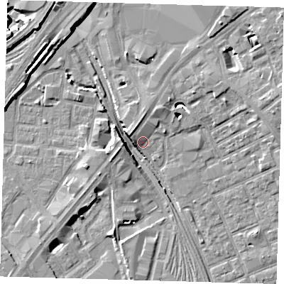 Shaded relief map of the ground around E153FF, computed from Environment Agency LiDAR. The ground here sits at about 5 m above sea level and falls 13 m across the surrounding 800 m. Surface water reaching this point runs off ground lying to the west-north-west, 6.1 m higher.