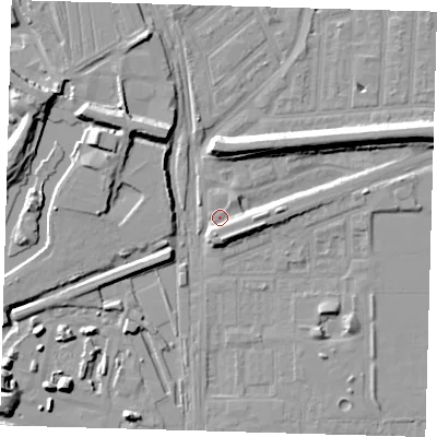Shaded relief map of the ground around E153FQ, computed from Environment Agency LiDAR. The ground here sits at about 3 m above sea level and falls 11 m across the surrounding 800 m. Surface water reaching this point runs off ground lying to the north-west, 9.4 m higher.