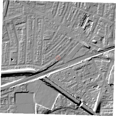 Shaded relief map of the ground around E153HB, computed from Environment Agency LiDAR. The ground here sits at about 3 m above sea level and falls 9 m across the surrounding 800 m. Surface water reaching this point runs off ground lying to the east-north-east, 3.1 m higher.