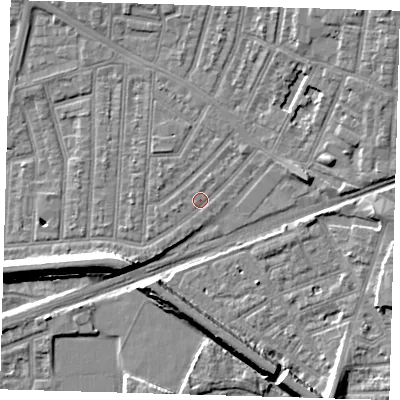 Shaded relief map of the ground around E153HD, computed from Environment Agency LiDAR. The ground here sits at about 3 m above sea level and falls 9 m across the surrounding 800 m. Surface water reaching this point runs off ground lying to the east, 3.1 m higher.