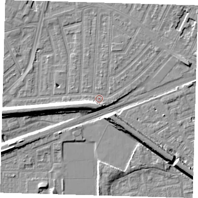 Shaded relief map of the ground around E153HE, computed from Environment Agency LiDAR. The ground here sits at about 3 m above sea level and falls 9 m across the surrounding 800 m. Surface water reaching this point runs off ground lying to the south-west, 6.8 m higher.