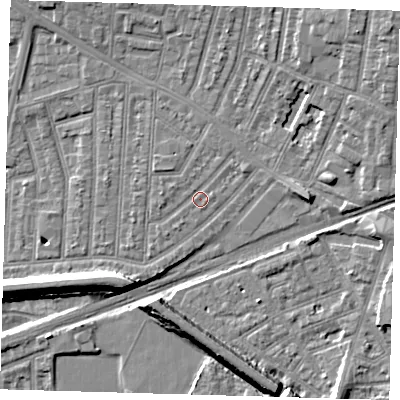 Shaded relief map of the ground around E153HF, computed from Environment Agency LiDAR. The ground here sits at about 3 m above sea level and falls 9 m across the surrounding 800 m. Surface water reaching this point runs off ground lying to the north-east, 0.9 m higher.