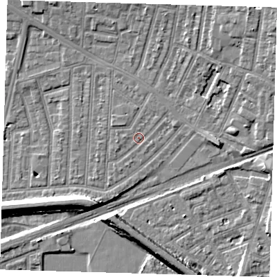Shaded relief map of the ground around E153HG, computed from Environment Agency LiDAR. The ground here sits at about 3 m above sea level and falls 9 m across the surrounding 800 m. Surface water reaching this point runs off ground lying to the east-north-east, 0.9 m higher.