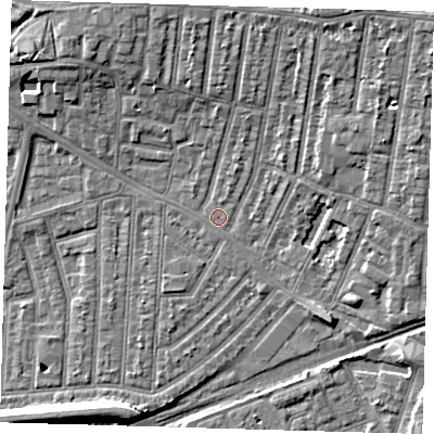 Shaded relief map of the ground around E153HJ, computed from Environment Agency LiDAR. The ground here sits at about 3 m above sea level and falls 9 m across the surrounding 800 m. Surface water reaching this point runs off ground lying to the north-north-east, 6.5 m higher.