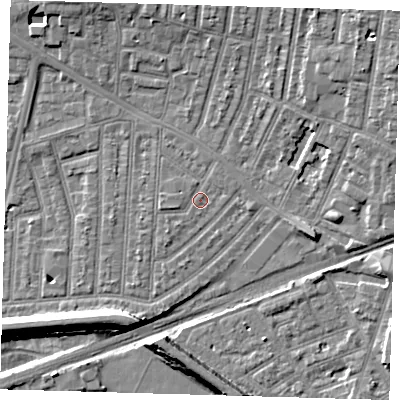 Shaded relief map of the ground around E153HQ, computed from Environment Agency LiDAR. The ground here sits at about 3 m above sea level and falls 9 m across the surrounding 800 m. Surface water reaching this point runs off ground lying to the west-south-west, 1.1 m higher.