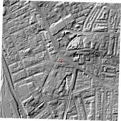 Shaded relief map of the ground around E153JD, computed from Environment Agency LiDAR. The ground here sits at about 5 m above sea level and falls 7 m across the surrounding 800 m. Surface water reaching this point runs off ground lying to the north, 0.7 m higher.