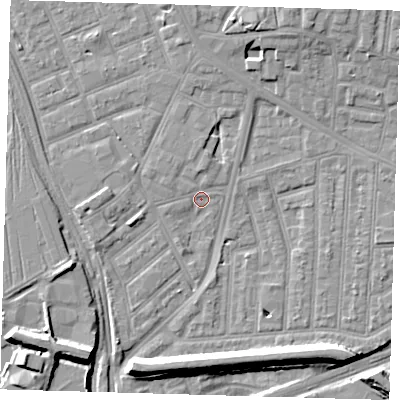 Shaded relief map of the ground around E153JF, computed from Environment Agency LiDAR. The ground here sits at about 3 m above sea level and falls 9 m across the surrounding 800 m. Surface water reaching this point runs off ground lying to the north, 1.3 m higher.