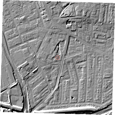 Shaded relief map of the ground around E153JG, computed from Environment Agency LiDAR. The ground here sits at about 3 m above sea level and falls 9 m across the surrounding 800 m. Surface water reaching this point runs off ground lying to the north-north-west, 0.9 m higher.