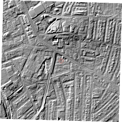 Shaded relief map of the ground around E153JH, computed from Environment Agency LiDAR. The ground here sits at about 3 m above sea level and falls 8 m across the surrounding 800 m. Surface water reaching this point runs off ground lying to the north-north-west, 1.6 m higher.