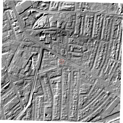 Shaded relief map of the ground around E153JJ, computed from Environment Agency LiDAR. The ground here sits at about 3 m above sea level and falls 10 m across the surrounding 800 m. Surface water reaching this point runs off ground lying to the north-west, 1.6 m higher.