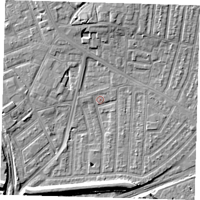Shaded relief map of the ground around E153JL, computed from Environment Agency LiDAR. The ground here sits at about 3 m above sea level and falls 9 m across the surrounding 800 m. Surface water reaching this point runs off ground lying to the north-north-west, 2.2 m higher.
