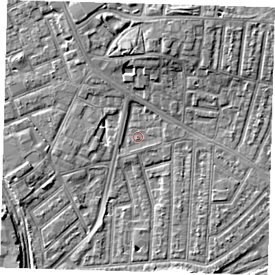 Shaded relief map of the ground around E153JN, computed from Environment Agency LiDAR. The ground here sits at about 3 m above sea level and falls 8 m across the surrounding 800 m. Surface water reaching this point runs off ground lying to the south-west, 0.7 m higher.