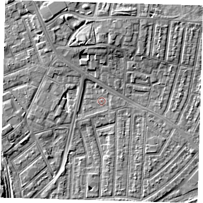 Shaded relief map of the ground around E153JP, computed from Environment Agency LiDAR. The ground here sits at about 3 m above sea level and falls 8 m across the surrounding 800 m. Surface water reaching this point runs off ground lying to the north-north-west, 1.6 m higher.