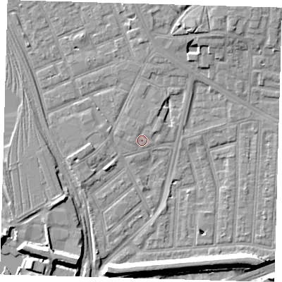 Shaded relief map of the ground around E153JQ, computed from Environment Agency LiDAR. The ground here sits at about 3 m above sea level and falls 9 m across the surrounding 800 m. Surface water reaching this point runs off ground lying to the north-east, 1.1 m higher.