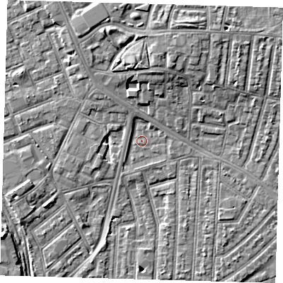 Shaded relief map of the ground around E153JW, computed from Environment Agency LiDAR. The ground here sits at about 3 m above sea level and falls 8 m across the surrounding 800 m. Surface water reaching this point runs off ground lying to the south-south-west, 0.7 m higher.