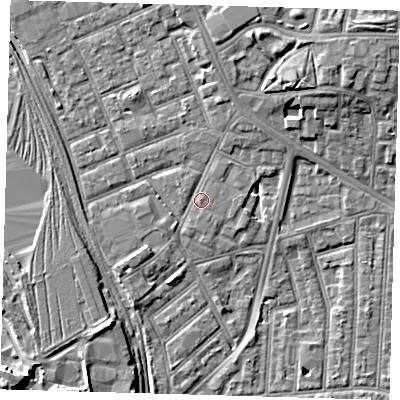 Shaded relief map of the ground around E153JZ, computed from Environment Agency LiDAR. The ground here sits at about 4 m above sea level and falls 10 m across the surrounding 800 m. Surface water reaching this point runs off ground lying to the north-east, 1.0 m higher.