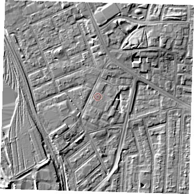Shaded relief map of the ground around E153LA, computed from Environment Agency LiDAR. The ground here sits at about 4 m above sea level and falls 9 m across the surrounding 800 m. Surface water reaching this point runs off ground lying to the north-north-east, 0.5 m higher.