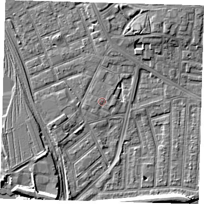 Shaded relief map of the ground around E153LD, computed from Environment Agency LiDAR. The ground here sits at about 4 m above sea level and falls 9 m across the surrounding 800 m. Surface water reaching this point runs off ground lying to the east-north-east, 1.0 m higher.