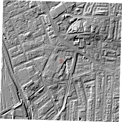 Shaded relief map of the ground around E153LE, computed from Environment Agency LiDAR. The ground here sits at about 4 m above sea level and falls 8 m across the surrounding 800 m. Surface water reaching this point runs off ground lying to the south, 2.3 m higher.