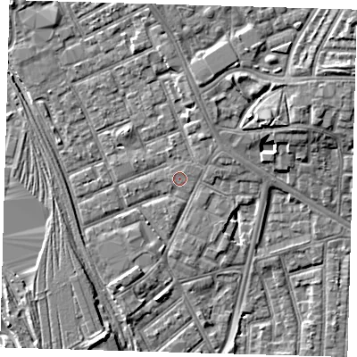 Shaded relief map of the ground around E153LG, computed from Environment Agency LiDAR. The ground here sits at about 4 m above sea level and falls 7 m across the surrounding 800 m. Surface water reaching this point runs off ground lying to the north-east, 0.6 m higher.