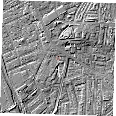 Shaded relief map of the ground around E153LH, computed from Environment Agency LiDAR. The ground here sits at about 4 m above sea level and falls 7 m across the surrounding 800 m. Surface water reaching this point runs off ground lying to the north, 1.5 m higher.