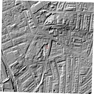 Shaded relief map of the ground around E153LJ, computed from Environment Agency LiDAR. The ground here sits at about 3 m above sea level and falls 8 m across the surrounding 800 m. Surface water reaching this point runs off ground lying to the north-north-west, 2.9 m higher.