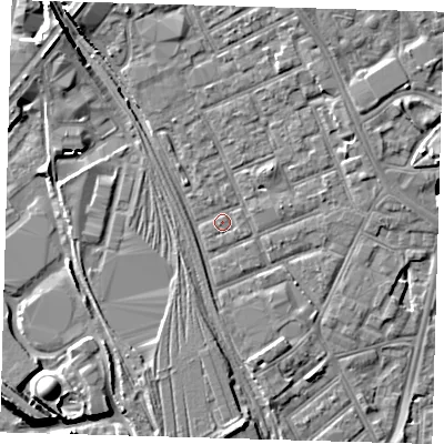 Shaded relief map of the ground around E153LL, computed from Environment Agency LiDAR. The ground here sits at about 4 m above sea level and falls 9 m across the surrounding 800 m. Surface water reaching this point runs off ground lying to the north-north-east, 4.2 m higher.
