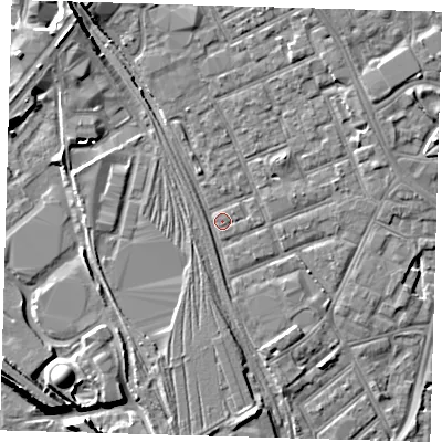 Shaded relief map of the ground around E153LN, computed from Environment Agency LiDAR. The ground here sits at about 4 m above sea level and falls 9 m across the surrounding 800 m. Surface water reaching this point runs off ground lying to the north-north-east, 4.2 m higher.