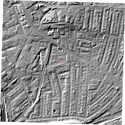 Shaded relief map of the ground around E153LQ, computed from Environment Agency LiDAR. The ground here sits at about 3 m above sea level and falls 9 m across the surrounding 800 m. Surface water reaching this point runs off ground lying to the north-north-west, 1.6 m higher.