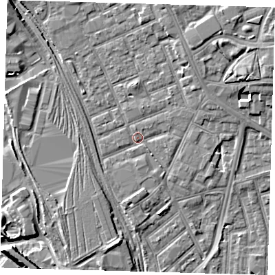Shaded relief map of the ground around E153LS, computed from Environment Agency LiDAR. The ground here sits at about 4 m above sea level and falls 9 m across the surrounding 800 m. Surface water reaching this point runs off ground lying to the north, 3.6 m higher.
