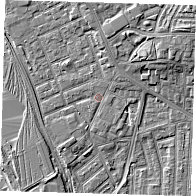 Shaded relief map of the ground around E153LT, computed from Environment Agency LiDAR. The ground here sits at about 4 m above sea level and falls 7 m across the surrounding 800 m. Surface water reaching this point runs off ground lying to the east, 0.8 m higher.