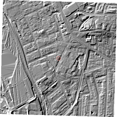 Shaded relief map of the ground around E153LU, computed from Environment Agency LiDAR. The ground here sits at about 4 m above sea level and falls 9 m across the surrounding 800 m. Surface water reaching this point runs off ground lying to the east-north-east, 1.0 m higher.