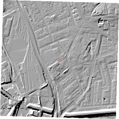 Shaded relief map of the ground around E153LX, computed from Environment Agency LiDAR. The ground here sits at about 4 m above sea level and falls 10 m across the surrounding 800 m. Surface water reaching this point runs off ground lying to the south-west, 1.4 m higher.