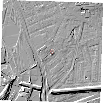 Shaded relief map of the ground around E153LZ, computed from Environment Agency LiDAR. The ground here sits at about 3 m above sea level and falls 10 m across the surrounding 800 m. Surface water reaching this point runs off ground lying to the south, 2.1 m higher.