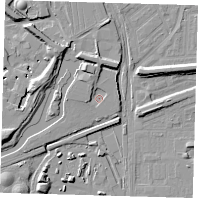 Shaded relief map of the ground around E153ND, computed from Environment Agency LiDAR. The ground here sits at about 3 m above sea level and falls 13 m across the surrounding 800 m. Surface water reaching this point runs off ground lying to the north, 6.4 m higher.