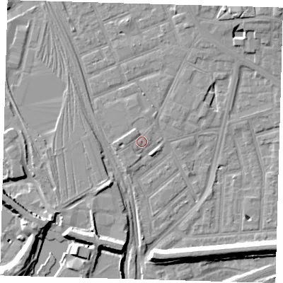 Shaded relief map of the ground around E153NF, computed from Environment Agency LiDAR. The ground here sits at about 4 m above sea level and falls 10 m across the surrounding 800 m. Surface water reaching this point runs off ground lying to the north-west, 1.0 m higher.