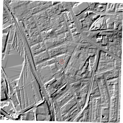 Shaded relief map of the ground around E153NH, computed from Environment Agency LiDAR. The ground here sits at about 4 m above sea level and falls 10 m across the surrounding 800 m. Surface water reaching this point runs off ground lying to the north, 3.2 m higher.