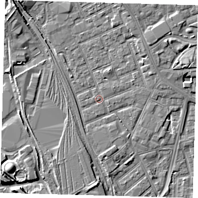 Shaded relief map of the ground around E153NJ, computed from Environment Agency LiDAR. The ground here sits at about 4 m above sea level and falls 9 m across the surrounding 800 m. Surface water reaching this point runs off ground lying to the east-north-east, 1.1 m higher.