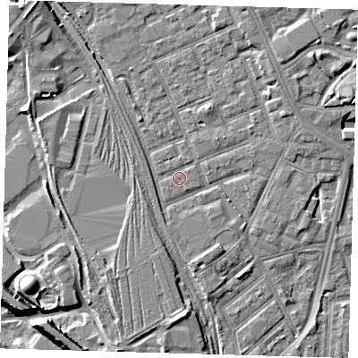 Shaded relief map of the ground around E153NL, computed from Environment Agency LiDAR. The ground here sits at about 4 m above sea level and falls 9 m across the surrounding 800 m. Surface water reaching this point runs off ground lying to the south-south-east, 0.7 m higher.