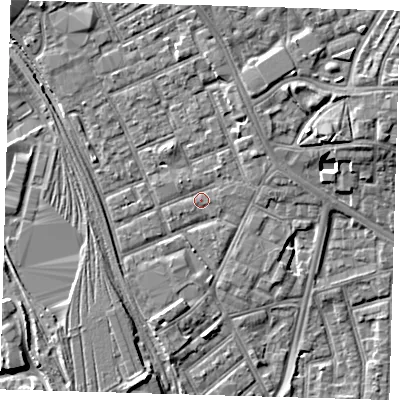Shaded relief map of the ground around E153NN, computed from Environment Agency LiDAR. The ground here sits at about 4 m above sea level and falls 7 m across the surrounding 800 m. Surface water reaching this point runs off ground lying to the north-north-east, 1.0 m higher.