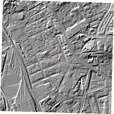 Shaded relief map of the ground around E153NP, computed from Environment Agency LiDAR. The ground here sits at about 4 m above sea level and falls 7 m across the surrounding 800 m. Surface water reaching this point runs off ground lying to the north, 3.2 m higher.