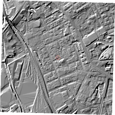 Shaded relief map of the ground around E153NR, computed from Environment Agency LiDAR. The ground here sits at about 4 m above sea level and falls 7 m across the surrounding 800 m. Surface water reaching this point runs off ground lying to the north-east, 2.8 m higher.