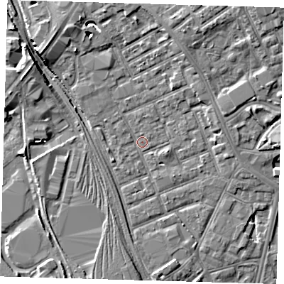 Shaded relief map of the ground around E153NS, computed from Environment Agency LiDAR. The ground here sits at about 4 m above sea level and falls 7 m across the surrounding 800 m. Surface water reaching this point runs off ground lying to the north-north-east, 6.5 m higher.