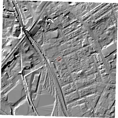 Shaded relief map of the ground around E153NT, computed from Environment Agency LiDAR. The ground here sits at about 4 m above sea level and falls 7 m across the surrounding 800 m. The ground contributing surface water to this point lies to the east-north-east.