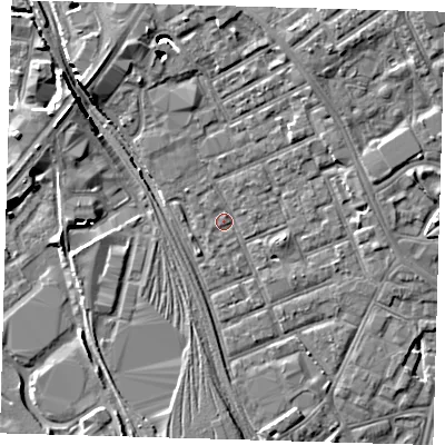 Shaded relief map of the ground around E153NU, computed from Environment Agency LiDAR. The ground here sits at about 4 m above sea level and falls 7 m across the surrounding 800 m. Surface water reaching this point runs off ground lying to the north-north-east, 6.5 m higher.