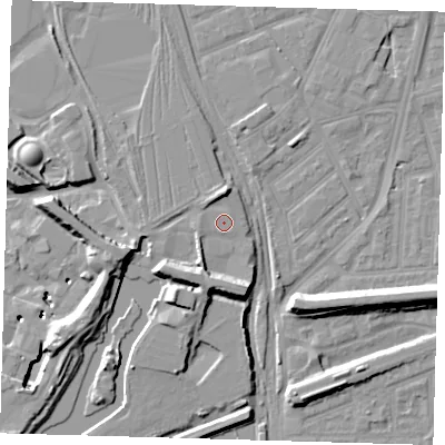 Shaded relief map of the ground around E153NW, computed from Environment Agency LiDAR. The ground here sits at about 5 m above sea level and falls 11 m across the surrounding 800 m. Surface water reaching this point runs off ground lying to the south-south-east, 5.8 m higher.