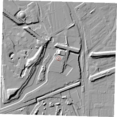 Shaded relief map of the ground around E153NY, computed from Environment Agency LiDAR. The ground here sits at about 6 m above sea level and falls 13 m across the surrounding 800 m. Surface water reaching this point runs off ground lying to the north-north-east, 4.1 m higher.