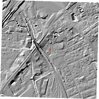 Shaded relief map of the ground around E153PA, computed from Environment Agency LiDAR. The ground here sits at about 4 m above sea level and falls 10 m across the surrounding 800 m. Surface water reaching this point runs off ground lying to the west-north-west, 3.6 m higher.